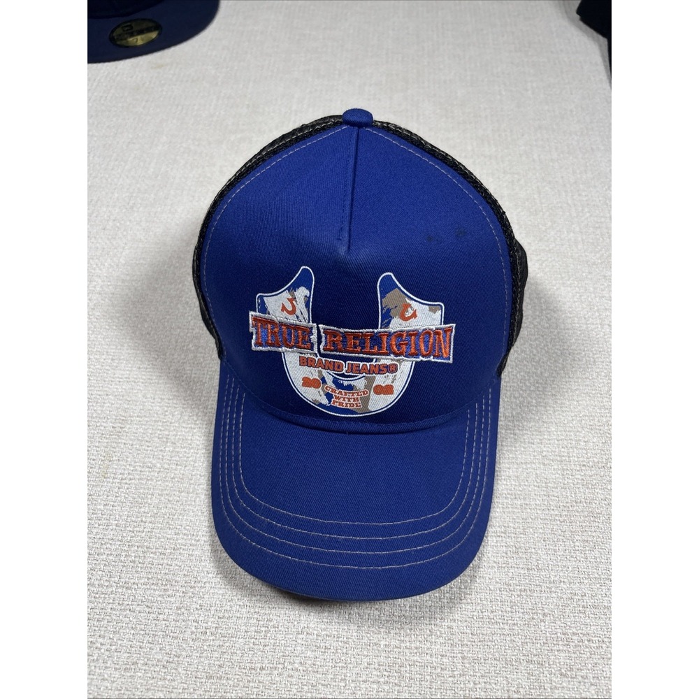 True Religion Logo Blue/Black Mesh Back Trucker Hat Casual Unisex One Size